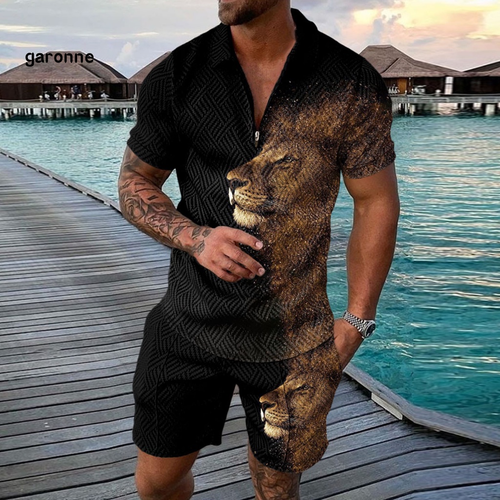 Set 2 Món Áo Thun Tay Ngắn Cổ Bẻ Dáng Rộng Có Khóa Kéo + Quần Short Thời Trang Cho Nam