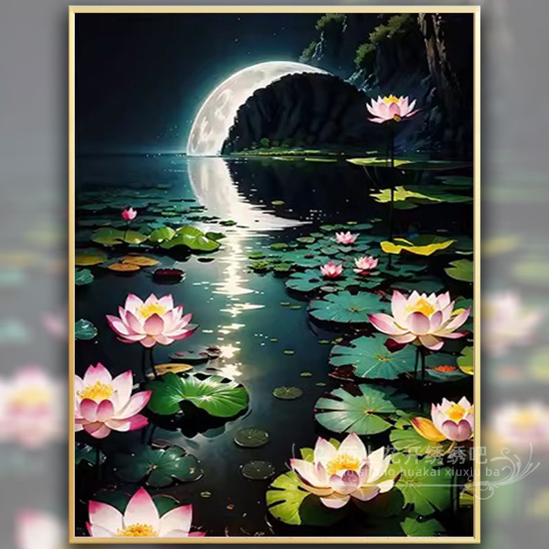Bộ Tranh Thêu Chữ Thập Họa Tiết Hoa Sen / Mặt Trăng Màu Sắc Chính Xác Phong Cách Trung Hoa Mới 2023