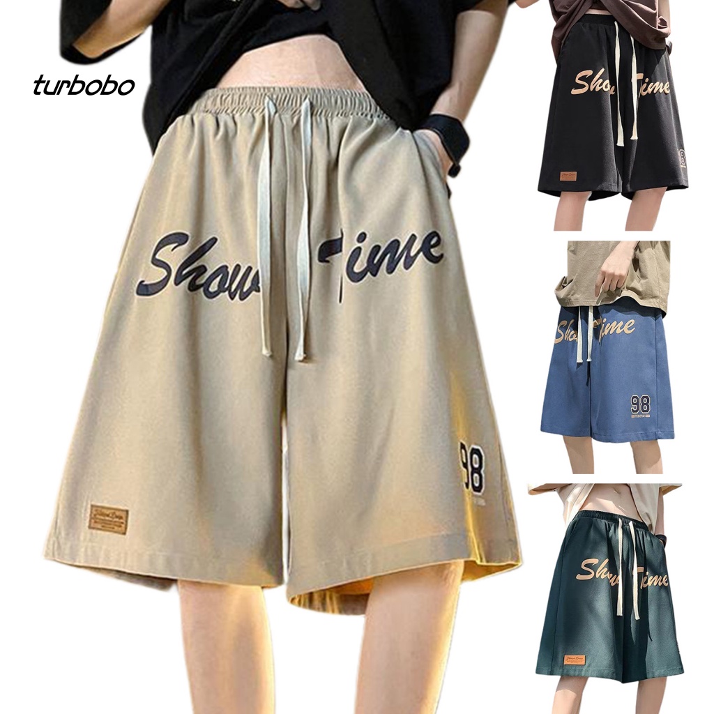 Turbobo Quần Short Thể Thao Lưng Thun Rút Dây Dài Đến Đầu Gối In Chữ Phong Cách Vintage Đường Phố Cho Nam