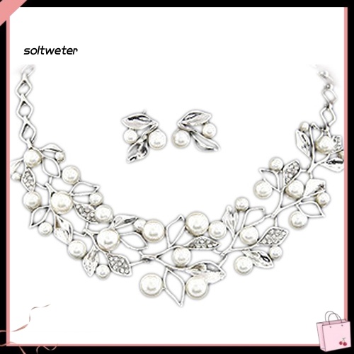 Bộ Vòng cổ + Bông Tai Đính Ngọc Trai Nhân Tạo + Choker Hình Lá Sang Trọng Cho