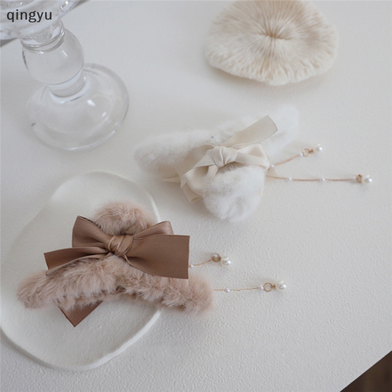 Kẹp Tóc Càng Cua Dài Đính Ngọc Trai Phối Lông Phong Cách Vintage Thời Trang Mới Cho Nữ