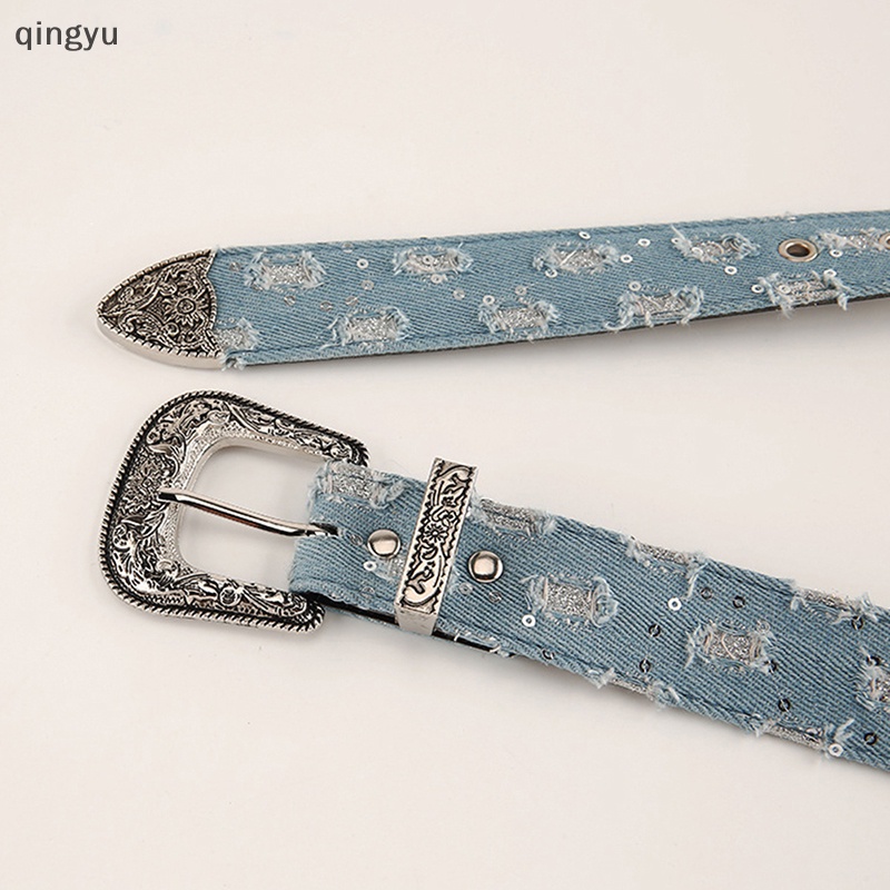 Thắt Lưng Denim Khóa Hợp Kim Khắc Họa Tiết Phong Cách Punk Mới Cho Nữ