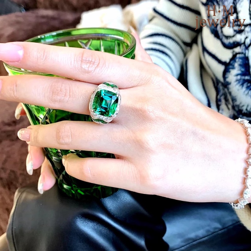 Nhẫn Mạ Bạc 925 Đính Đá Ngọc Lục Bảo Phong Cách Vintage