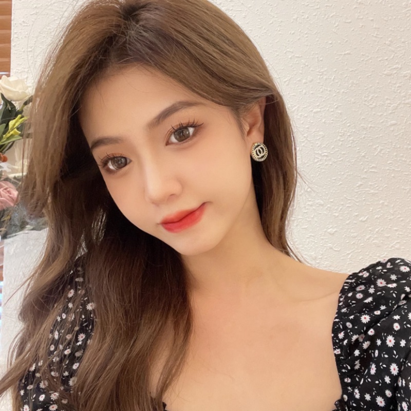 Bông Tai Mạ Bạc 925 Hình Tròn Khắc Chữ Đính Đá Pha Lê Đen Phong Cách Hàn Quốc Thời Trang Cho Nữ