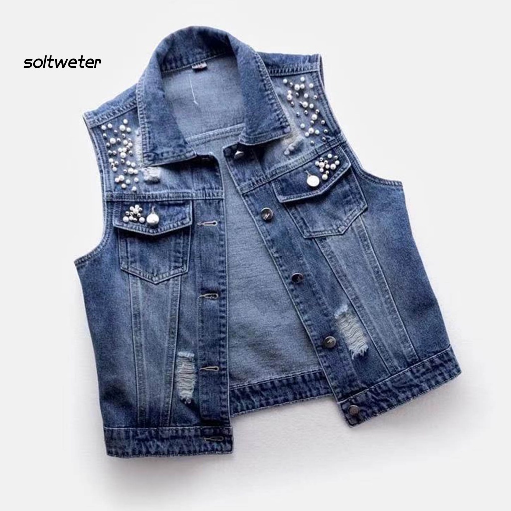 Áo Khoác Denim Sát Nách Màu Trơn Cài Một Hàng Nút Có Túi Và Lỗ Xỏ Hạt Trang Trí Đường Phố Cho Nữ
