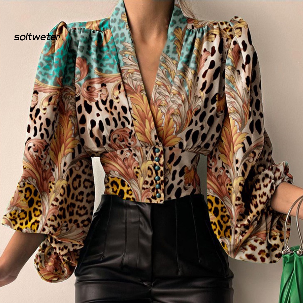 Áo Sơ Mi Croptop Tay Dài Phồng Cổ Chữ V Cài Nút In Họa Tiết Hoa Phong Cách Cổ Điển Thời Trang Cho Nữ