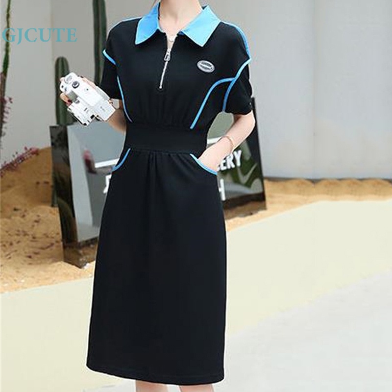 Đầm Midi Cổ Bẻ Cài Khóa Kéo Trước Có Túi Thời Trang Mùa Hè Cho Nữ