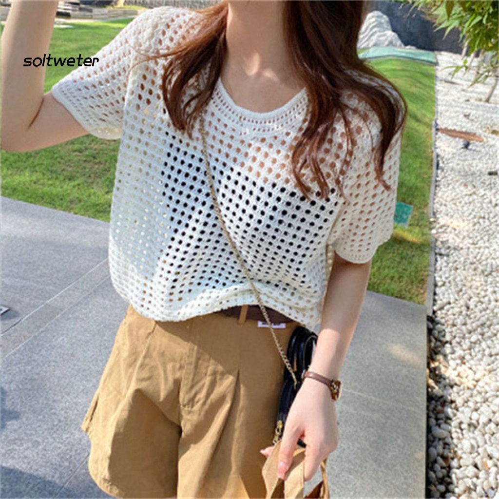 Áo Thun Dệt Kim Mỏng Tay Ngắn Cổ Tròn Màu Trơn Che Nắng Cho Nữ