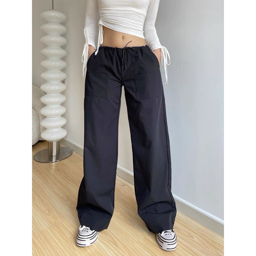 Quần Dài Ống Rộng Lưng Thấp Phối Dây Rút Phong Cách Cổ Điển Thời Trang Đường Phố Cho Nữ Y2K