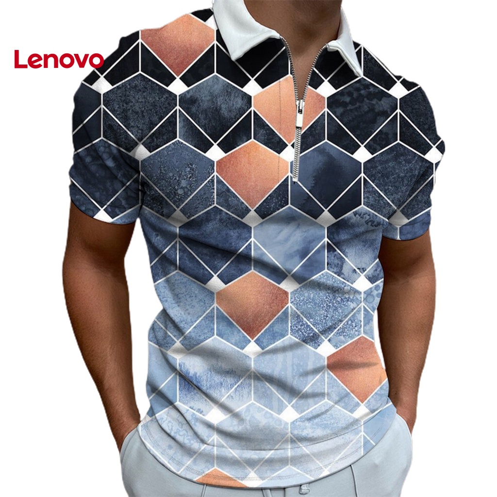 Áo Thun Tay Ngắn Cổ Bẻ In Họa Tiết Hình Học Phối Khóa Kéo Nhanh Khô Thời Trang Cho Nam
