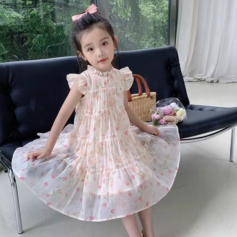 Đầm Hoa Cổ Ren Xếp Tầng Phong Cách Mới Mùa Hè Cho Bé Gái