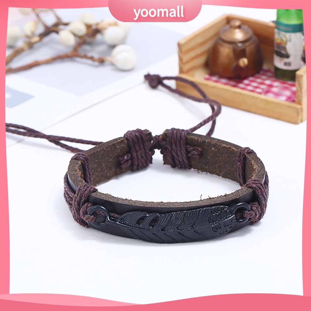 Vòng Tay Giả Da Dây Bện Phối Mặt Hình Lông Vũ Có Thể Điều Chỉnh Kích Cỡ Cho Nam