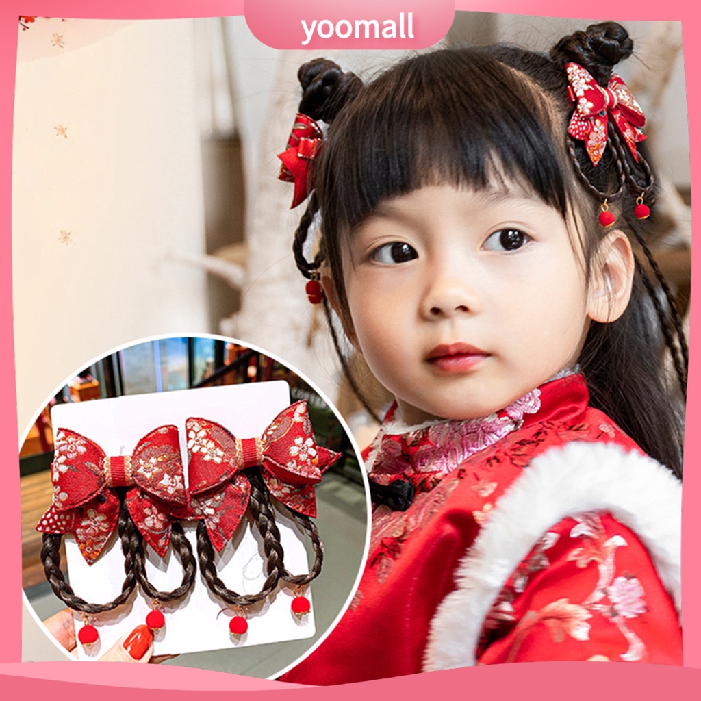 1 Cặp Kẹp Tóc Giả Đính Nơ Tua Rua Phong Cách Trung Hoa Ngọt Ngào Cho Bé Gái
