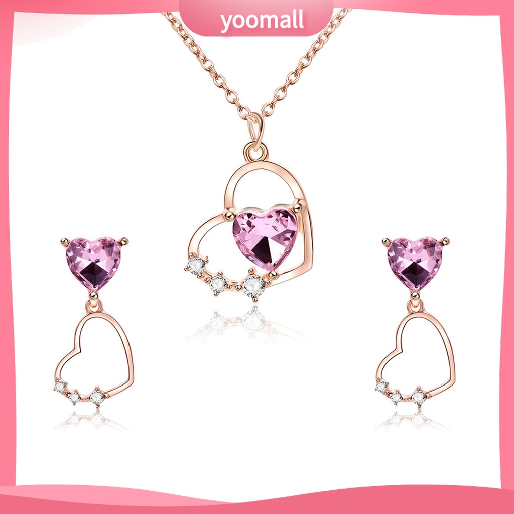 1 Bộ Vòng cổ + Bông Tai Đính Đá Hình Trái Tim Lấp Lánh Cho Nữ