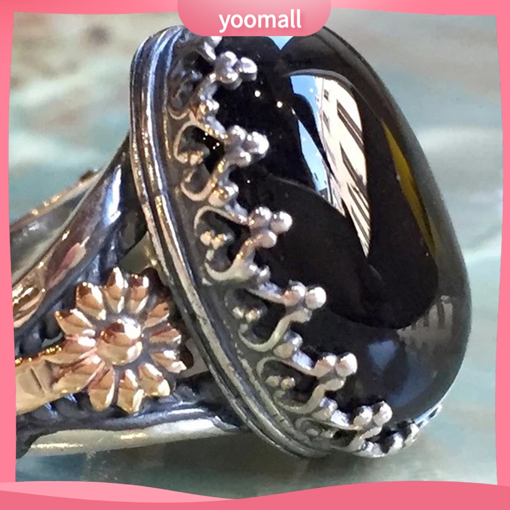 Nhẫn Unisex Bản Rộng Khắc Họa Tiết Hoa Đính Đá Nhân Tạo Phong Cách Rock