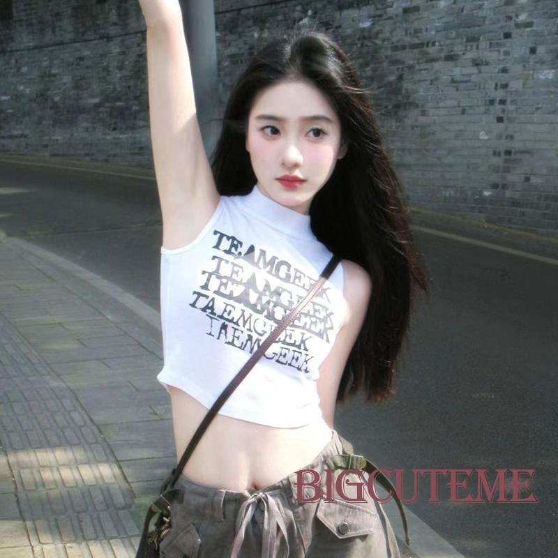 Áo Croptop Sát Nách Cổ Đứng Ôm Dáng In Chữ Thời Trang Đường Phố Mùa Hè Cho Nữ