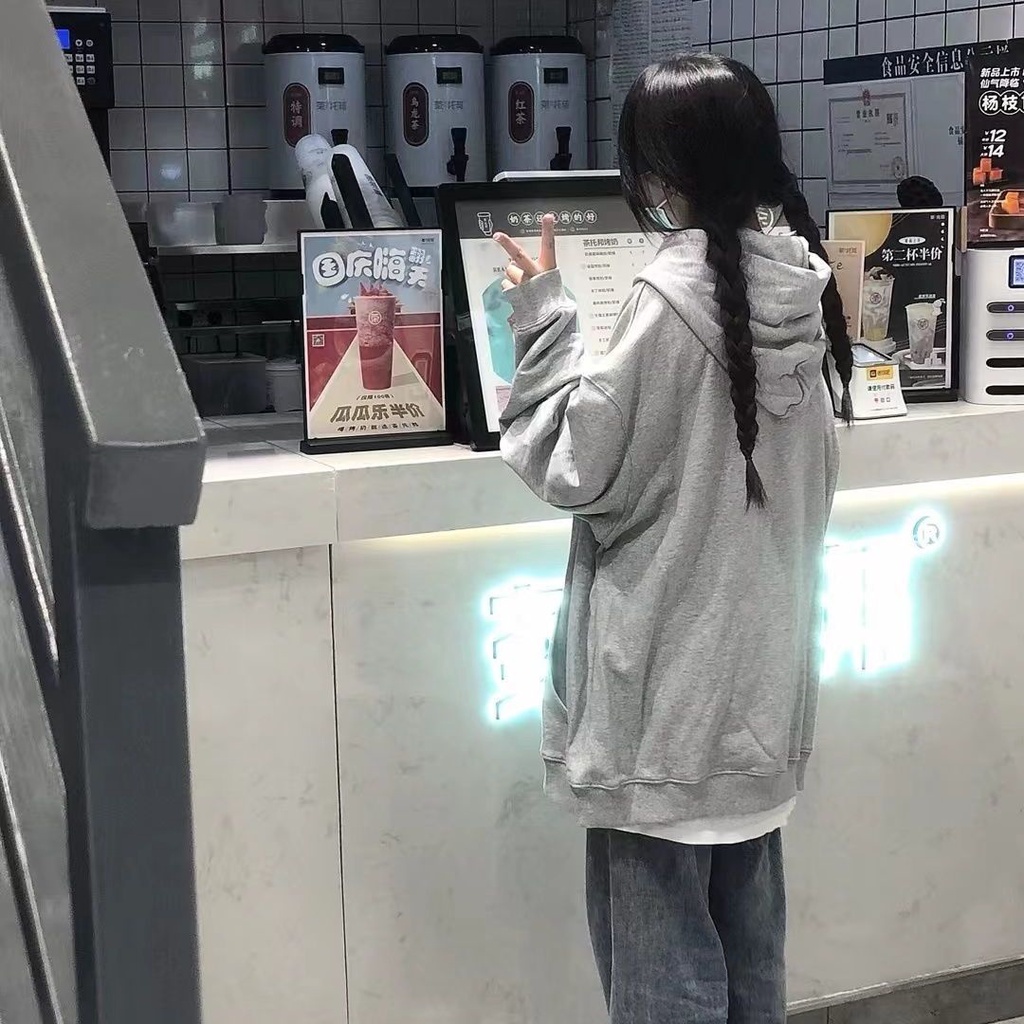 Áo Khoác Hoodie Mỏng Dáng Rộng Màu Xám Có Khóa Kéo Thời Trang Hàn Quốc Mới Cho Nữ