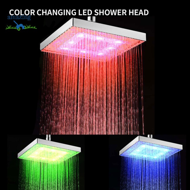 Đầu Vòi Sen Áp Suất Cao Hình Vuông 8 Inch Bằng Đồng Thau Có Đèn Led Thay Đổi Màu Sắc Tự Động