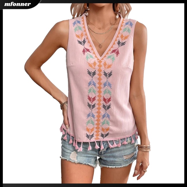 Áo Tank Top Sát Nách Cổ Chữ V Viền Tua Rua Thêu Họa Tiết Phong Cách Boho Quyến Rũ Cho Nữ