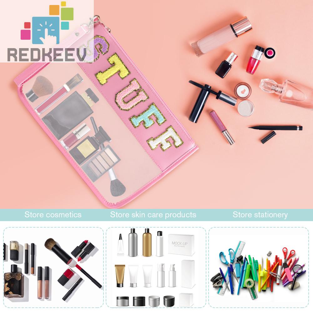 Túi Đựng Mỹ Phẩm Bằng PVC Chenille Trong Suốt In Chữ Có Khóa Kéo Tiện Dụng Mang Theo Du Lịch