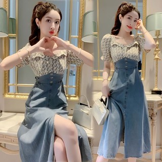 Đầm denim Cổ Vuông Dáng Ôm In Họa Tiết Hoa Sang Trọng Thời Trang Mùa Hè Cho Nữ