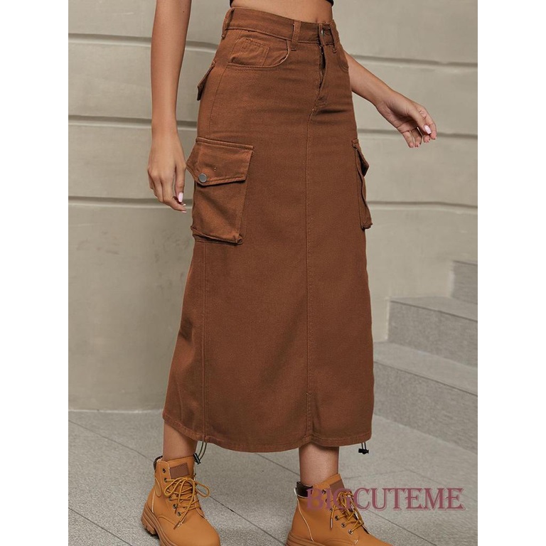 Chân Váy Denim Dài Lưng Cao Có Túi Thời Trang Đường Phố Cho Nữ