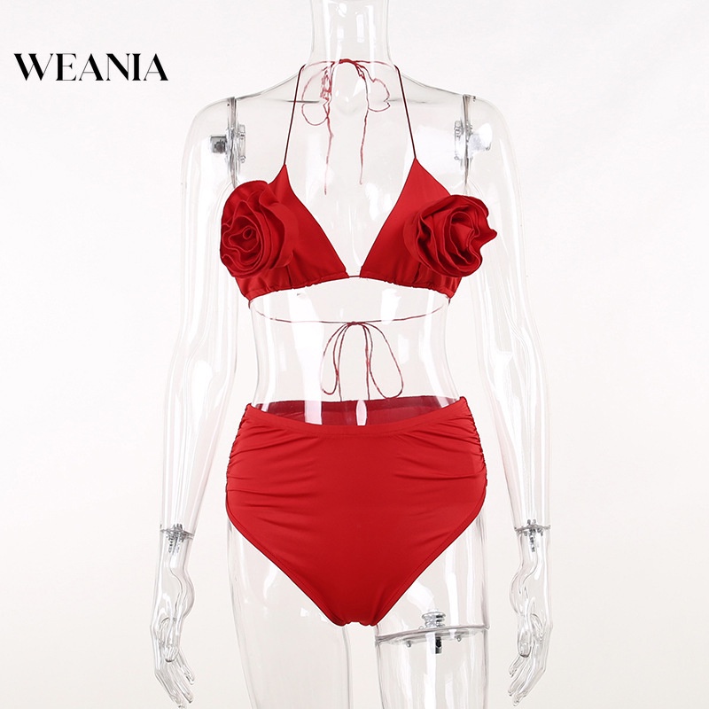 Bikini Nữ Cạp Cao Buộc Dây In Hoa 3D Gợi Cảm