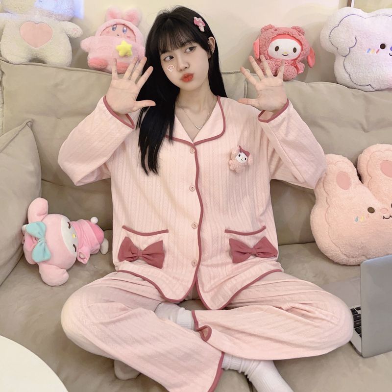 Bộ Đồ Ngủ Tay Dài Đính Nơ Phong Cách Hàn Quốc Thời Trang Xuân Thu Xinh Xắn Cho Nữ