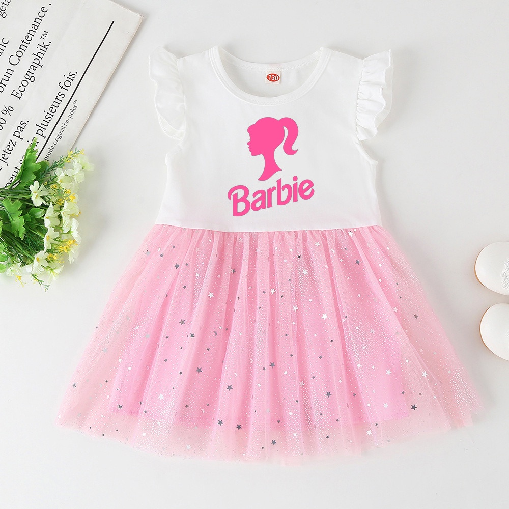Barbie In Hình Bé Gái loe Tay Áo Công Chúa Barbie Thời Trang Bé Gái Ruffle Đầm Sinh Nhật Quần Áo Cho Bé Gái