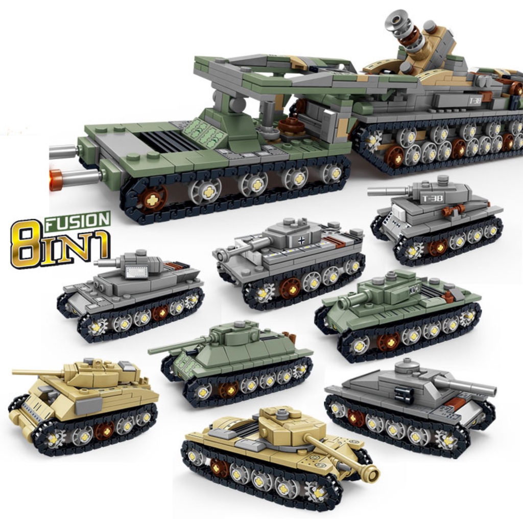 Set 1475 Mô Hình Xe Tăng MOC WW2 8 Trong 1 Karl Cannon T34 T38 Stug Tiger M4 Sherman M26 KV1 Mới