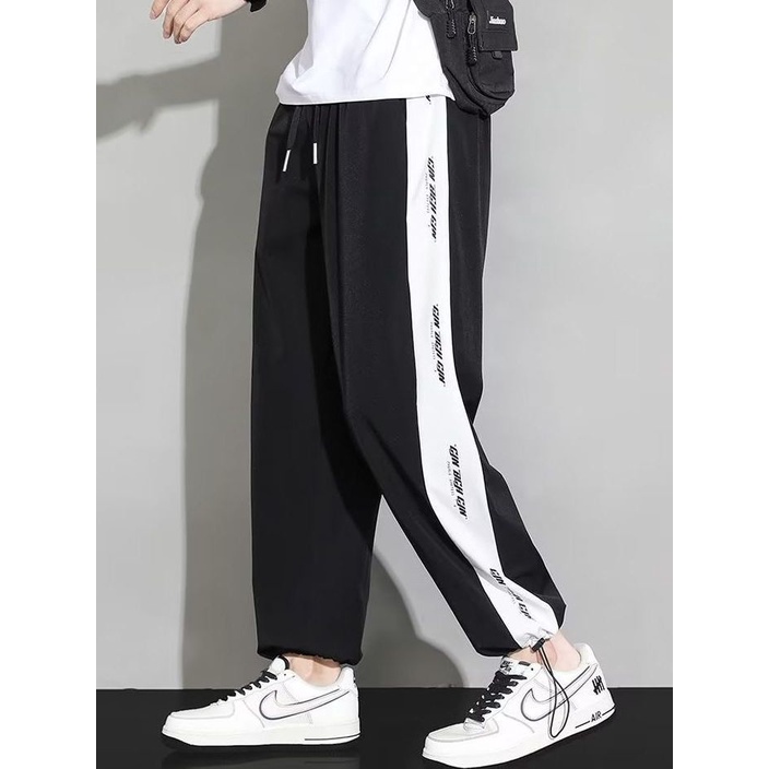 BEFOYI Men's Pants Korean Edition Sports Casual Pants Summer Ice Silk Loose New Letter Printing Straight Leg Jogging Pants Grey M-4XL SLC40