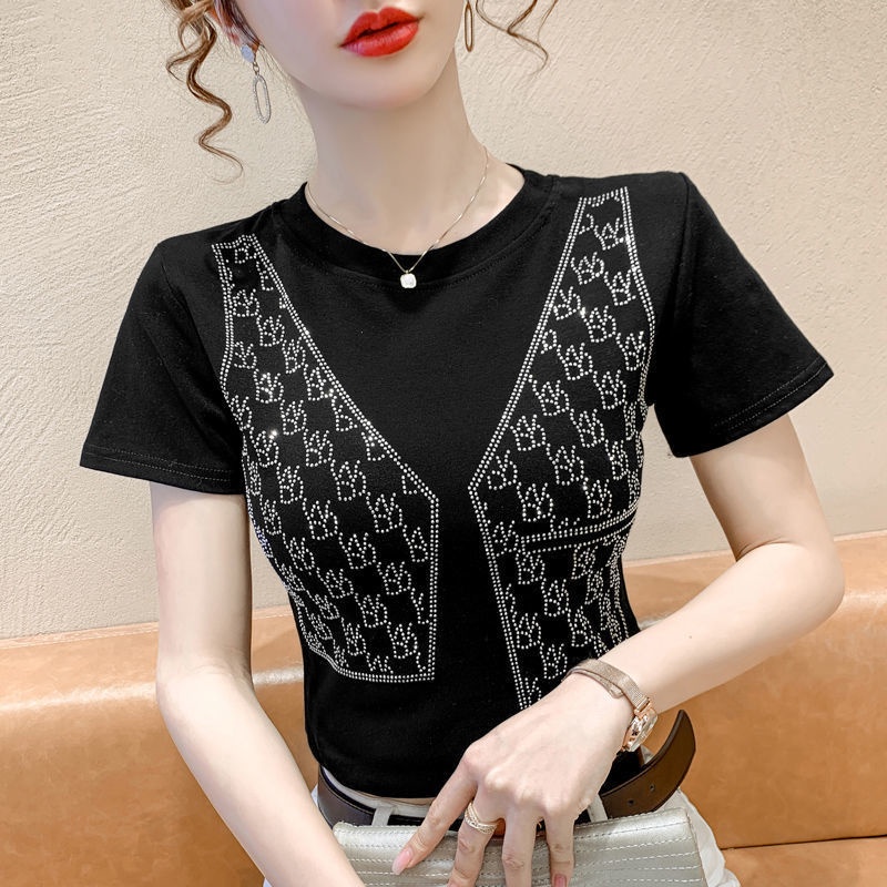 Áo Thun Ngắn Tay Cổ Tròn Dáng Ôm Đính Đá Thời Trang