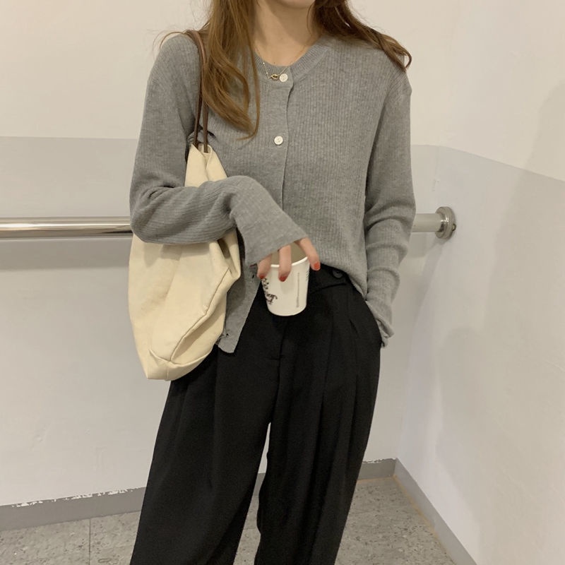 Áo Cardigan Dệt Kim Tay Dài Dáng Rộng Cổ Tròn Họa Tiết Kẻ Sọc Màu Trắng Phong Cách Hàn Quốc Thời Trang Mới Cho Nữ