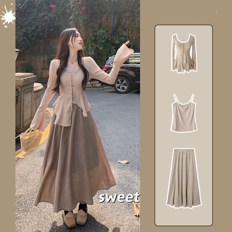 Set Áo Cardigan Lệch Tà + Áo Hai Dây + Chân Váy Lưng Cao Ôm Dáng Thời Trang Dành Cho Nữ