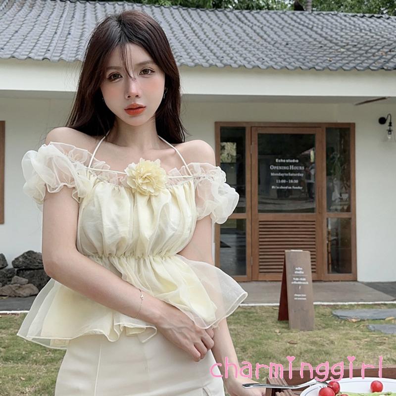 Áo Croptop Trễ Vai Tay Ngắn In Họa Tiết Hoa Thời Trang Mùa Hè Xinh Xắn Cho Nữ