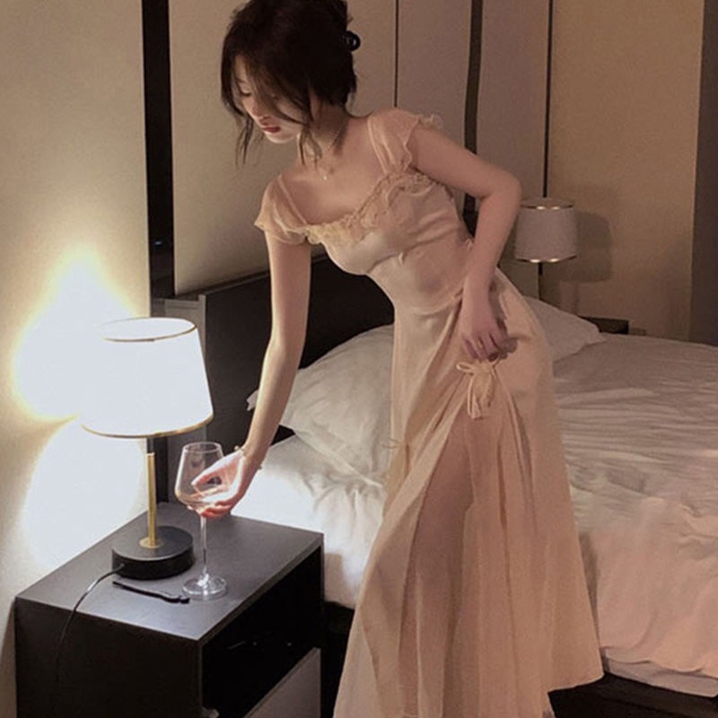 Đầm Ngủ Dáng Dài Tay Ngắn Có Đệm Ngực Phối Ren Và Nơ Phong Cách Mùa Hè Dành Cho Nữ