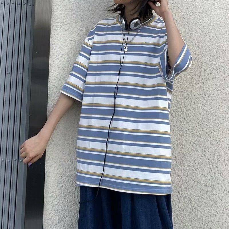 Áo thun nam tay ngắn dáng rộng kẻ sọc thời trang Nhật Bản