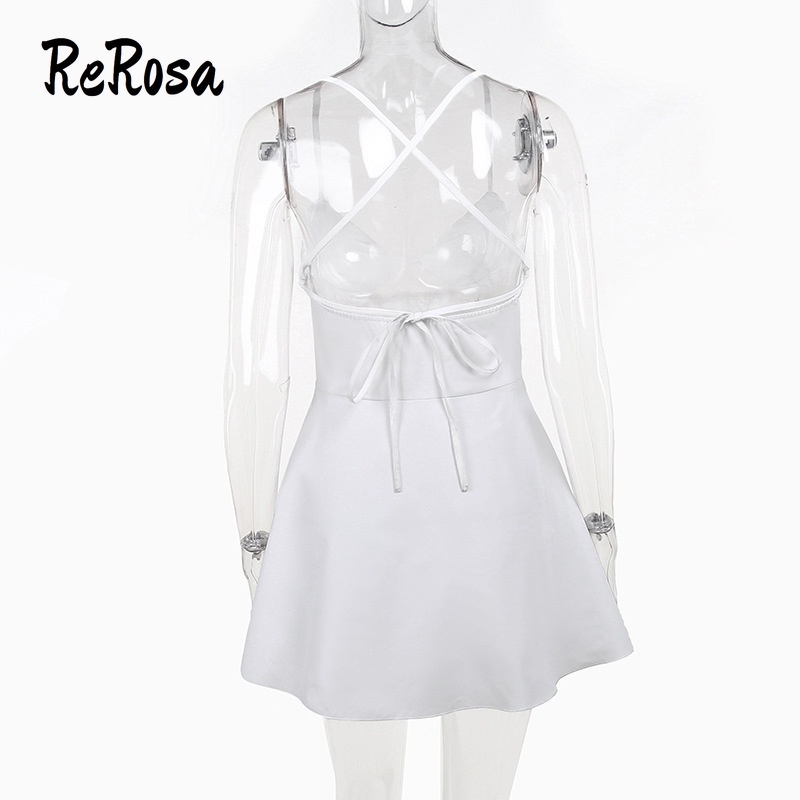 Rerosa Đầm Mini Hai Dây Cổ Khoét Sâu Xếp Ly Màu Trơn Mẫu Mới 2023 Phong Cách Retro Cho Nữ