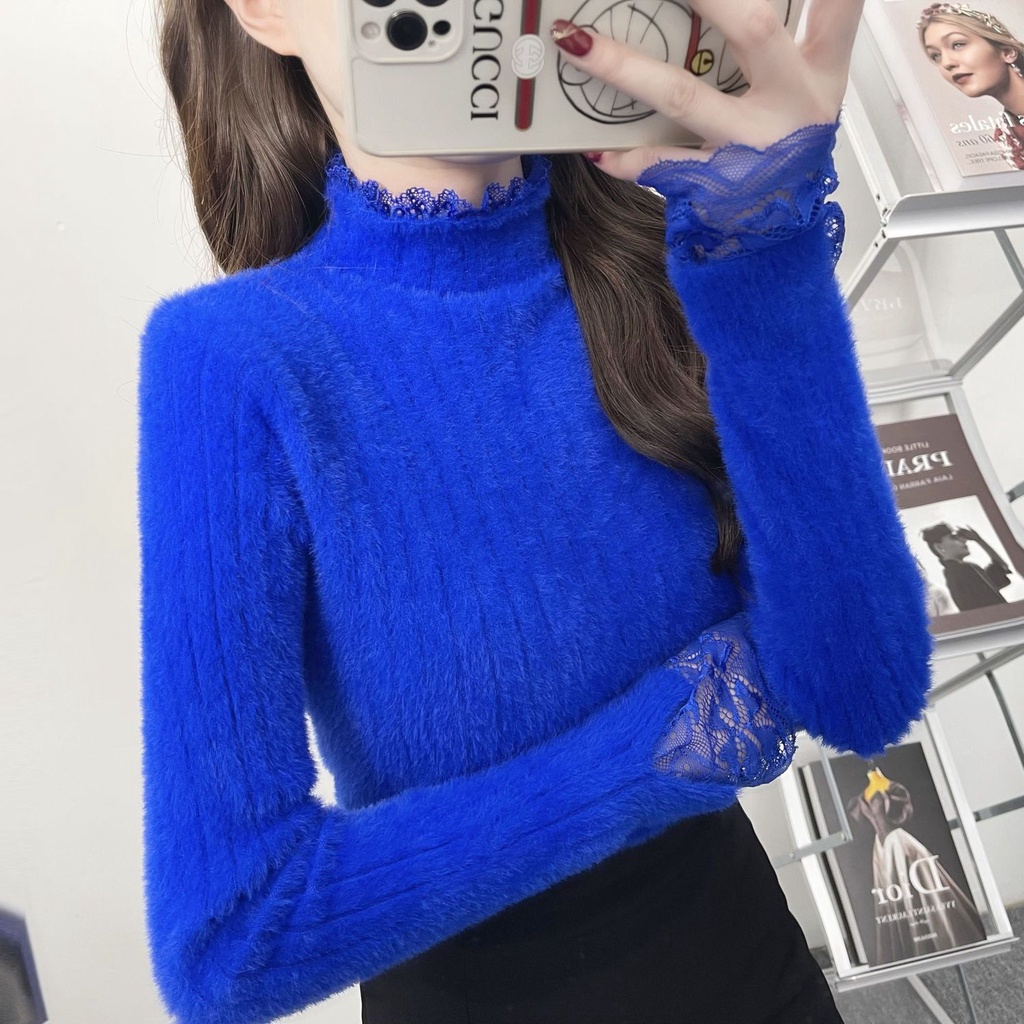 Áo Lót Dệt Kim Cổ Cao Dáng Ôm Phối Ren Thời Trang Quyến Rũ Cho Nữ