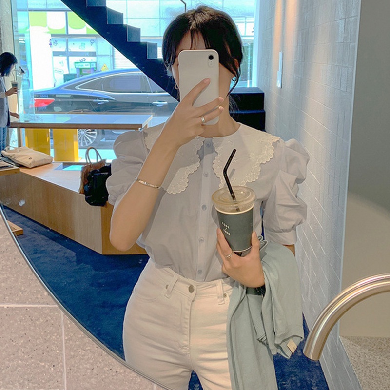Áo Sơ Mi Tay Ngắn Cổ Búp Bê Thời Trang Hàn Quốc Cho Nữ