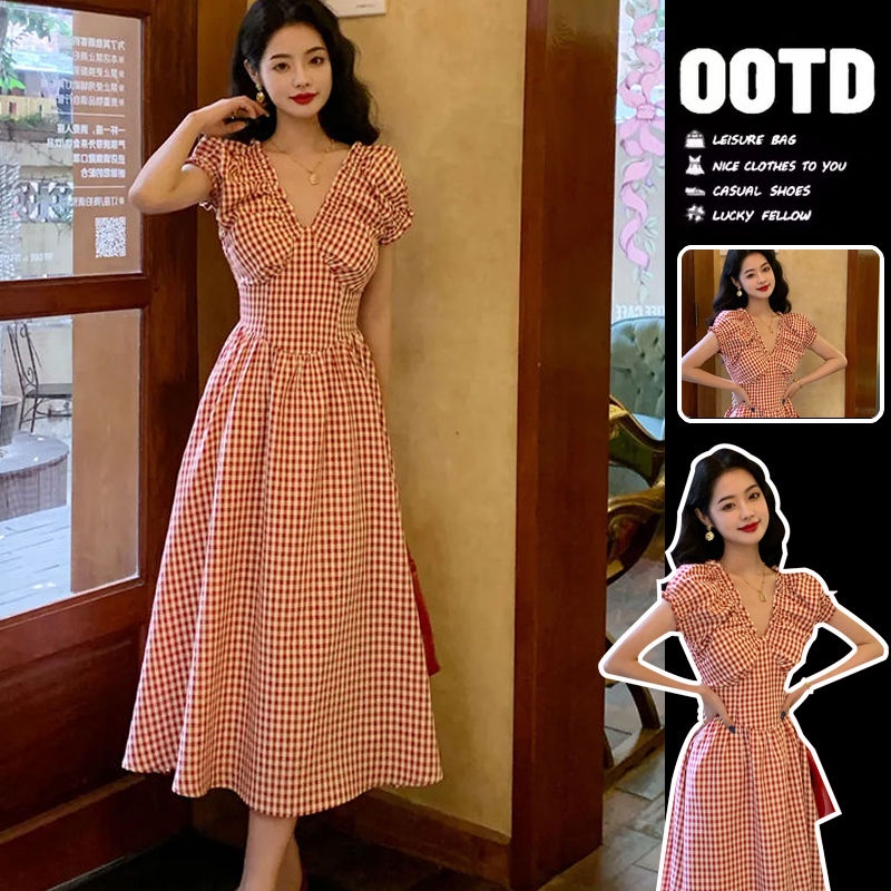 COZOK Đầm Tay Ngắn Cổ Chữ V Họa Tiết Sọc Caro Thời Trang Cho Nữ