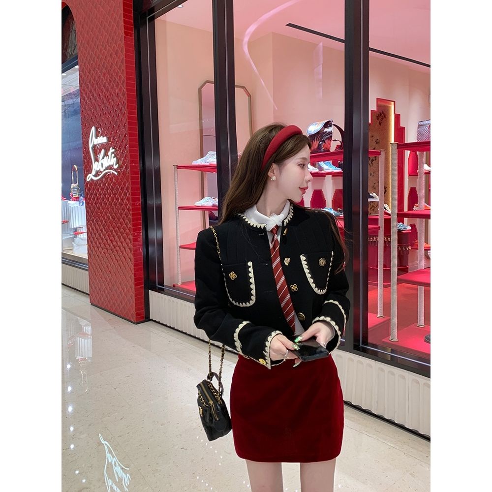 Bộ Áo Khoác Ngắn Nhẹ Sang Trọng + Chân Váy Lưng Cao Dáng Ôm Phong Cách Preppy Thời Trang Mùa Thu