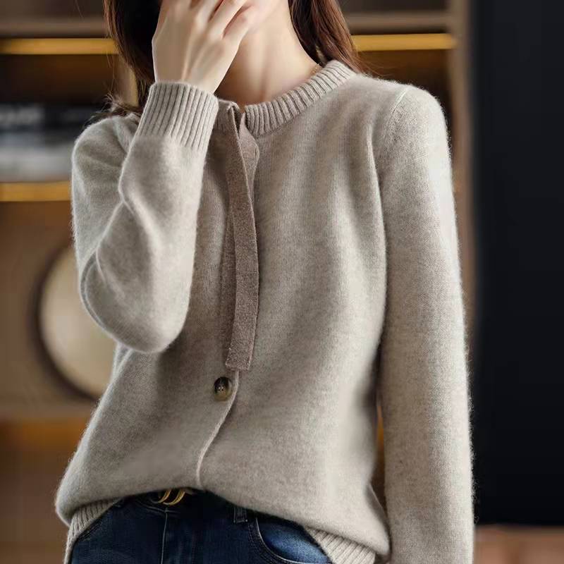 Multiplication 2023 mùa thu đông phong cách mới cashmere cardigan phụ nữ dày cổ tròn lỏng lẻo mỏng hơn nhìn nơ áo khoác len dệt kim sw