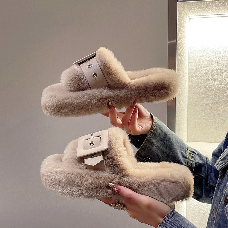 Dép Bông Đi Trong Nhà Dép Cao Su Đi Trong Nhà Đế Bằng Phối Lông Nhân Tạo 3-5cm