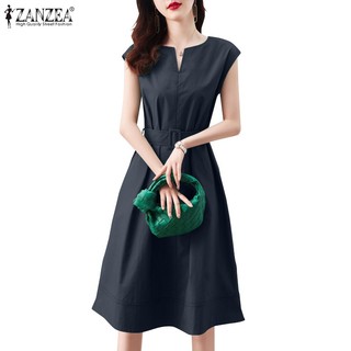Zanzea đầm nữ cộc tay cổ chữ v thời trang hàn