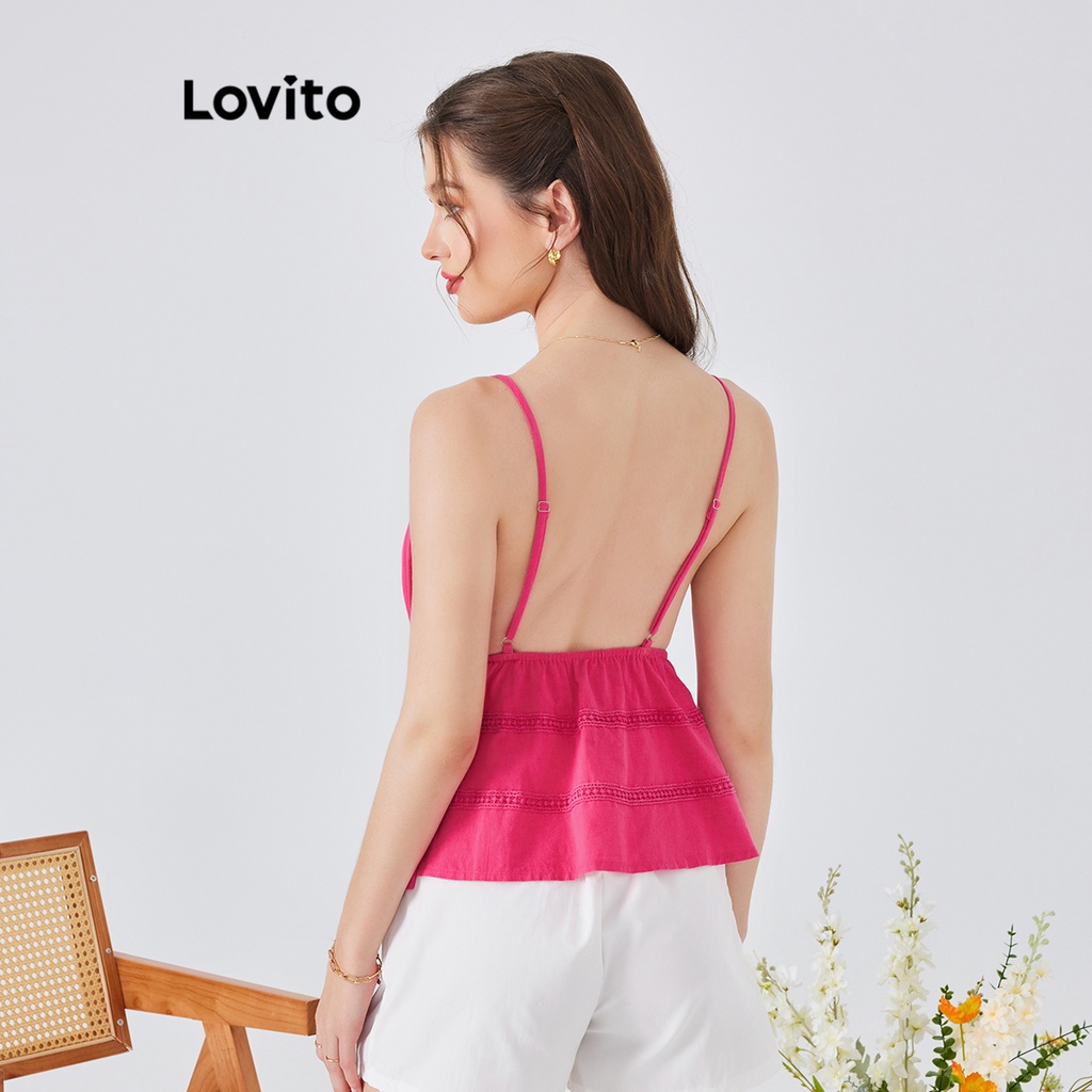 Áo hai dây Lovito phong cách Boho màu trơn hở lưng viền xếp nếp dành cho nữ L54ED047