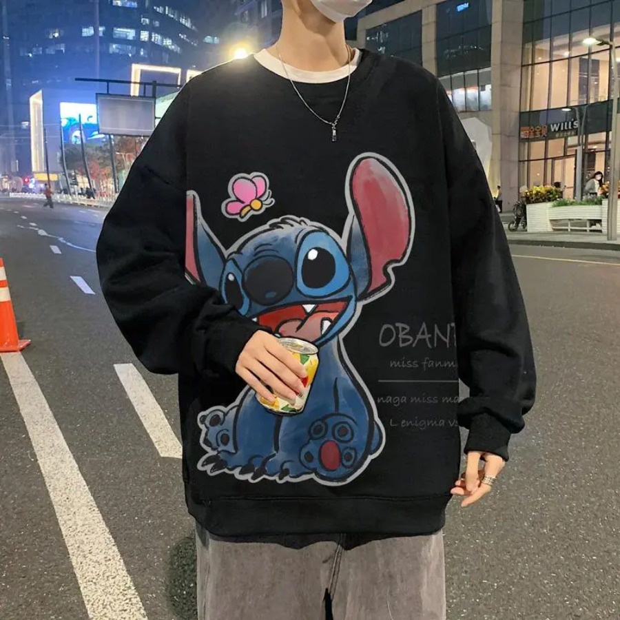 Áo Khoác Sweater Chui Đầu Tay Dài Chất Nhung Dày Dặn In Hoạt Hình Stitch Cỡ Lớn M-8XL Thời Trang Cho Cặp Đôi