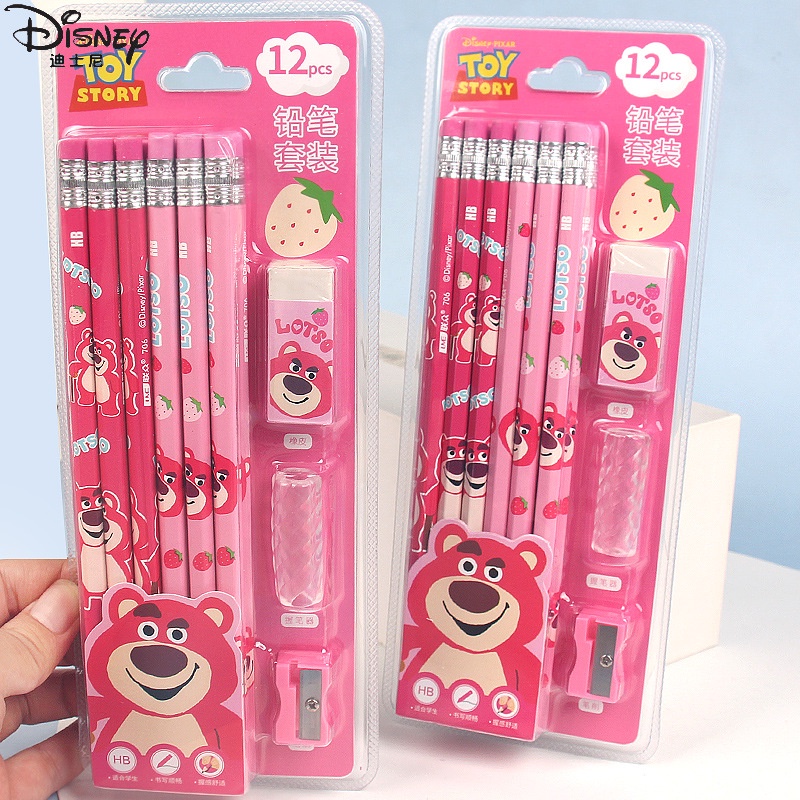 Disney Set 12 Bút Chì Dạng Lột Hình Gấu / Dâu Tây Dễ Thương