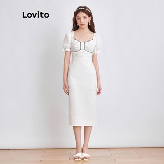 Đầm chữ A Lovito phối viền tương phản màu trơn phong cách dự tiệc cho nữ L44EE022 (trắng)