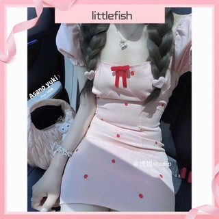 [littlefish] ĐầmNgắn Dáng Chữ A Tay Phồng Cổ Vuông Phong Cách Hàn Quốc Ngọt Ngào Mùa Hè Cho NữLovito